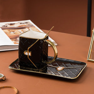 Handbag shaped creative ceramic mug with saucer and spoon